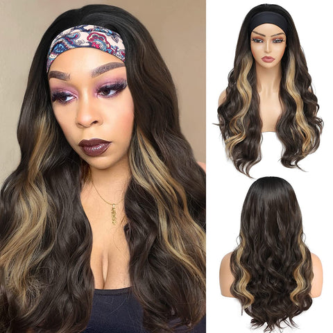 158 Vomella 16 Inches Wavy Wig for Women Headband Wig Highlighted Brown Natural Synthetic Hair