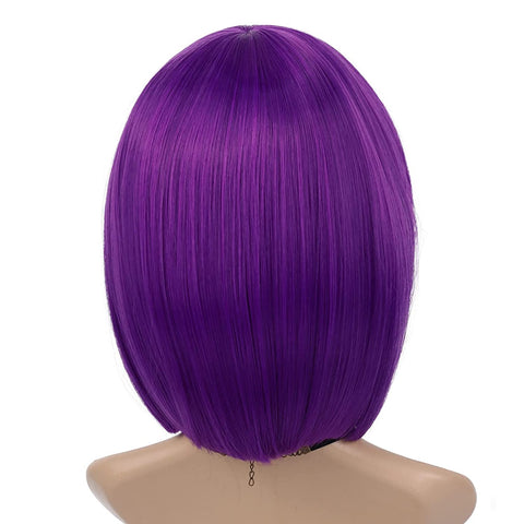 073 Vomella 12 Inch Purple Color Straight Silky Bob Wigs with Bangs Synthetic Wigs for Women(one piece)