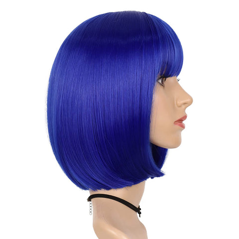 072 Vomella 12 Inch Blue Color Straight Silky Bob Wigs with Bangs Synthetc Wigs for Ladies(one piece)
