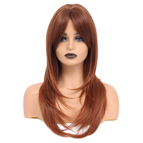 138 Vomella Hair Layered Straight Wig with Bangs Guleless Synthetic Wigs Natural Mixed Brown