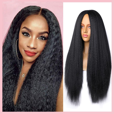 26 Inch Long Black Wigs Black Wigs for Women Yaki Wigs None Lace Kinky Straight Wig Synthetic Wigs Hair Replacement Wigs
