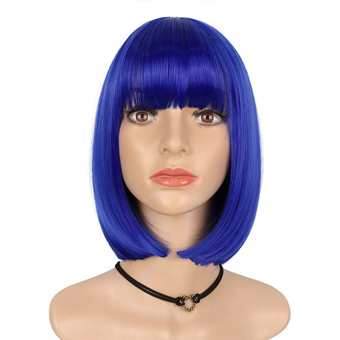072 Vomella 12 Inch Blue Color Straight Silky Bob Wigs with Bangs Synthetc Wigs for Ladies(one piece)