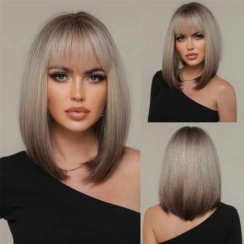 144 Vomellahair 14 inch Straight Bob Wig with Bangs Ombre Grey & Brown 22258