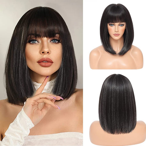 146 Vomellahair 14 inch Straight Bob Wig with Bangs Natural Black with Blonde Highlights 22258