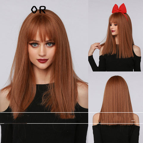 Vomella 16inch Brown Wigs Long Straight with Bangs