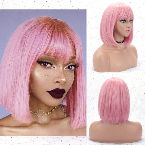 Dorsanee pink straight bob wig with bangs