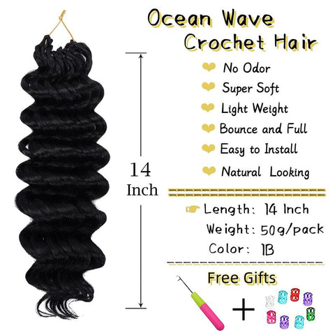 Ocean Wave Synthetic Crochet Braiding Hair 8 Packs 1B 14 Inch