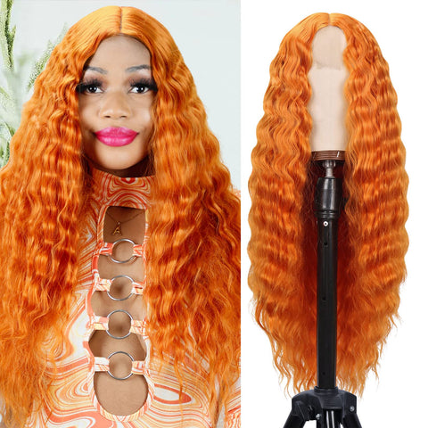 048 Vomella Deep Wave Lace Front Wigs 28" Synthetic Curly Hair Ginger Orange