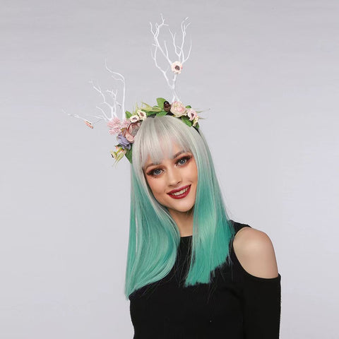Vomella Shoulder Length Blunt Cut Wig Ombre Gray to Green Colour Wig with Bangs for Cosplay