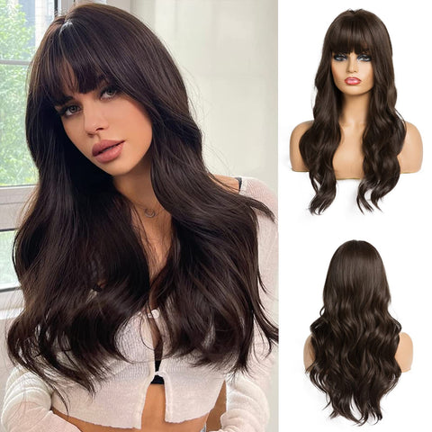 Vomella 26 Inches Long Wavy Copper Brown Wigs for Women Natural Synthetic Hair Heat Resistant Wigs with Bangs for Daily Party Cosplay Use