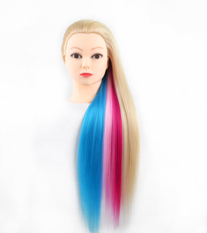 Vomella Traininghead 26"-28" Mannequin Head Hair Styling Training Head Manikin Cosmetology Doll Head Synthetic Fiber Hair Hairdressing Training Model with Clamp Stand Rainbow Color White Skin