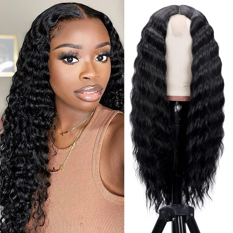 006 Vomella Deep Wave Lace Front Wigs 1B# 28" Synthetic Curly Hair