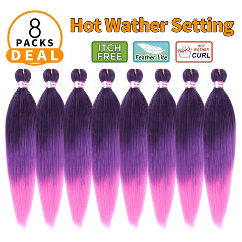 Vomella Easy (20 Inch 1B/Purple/Pink# Color) Pre-Stretched Braiding Hair Synthetic Braiding Hair, 8 packs Crochet Braids,Hot Water Setting Braid, Soft Yaki Straight Texture Easy Braid Crochet Hair Extensions for Women