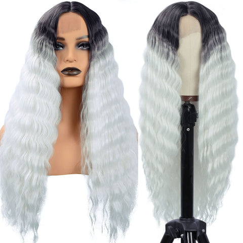 050 Vomella Deep Wave Lace Front Wigs 28" Synthetic Curly Hair Silver Gray