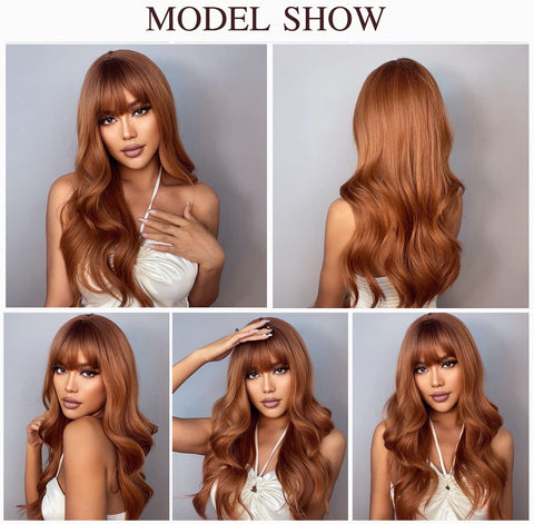 158 Vomella 26 Inches Long Wavy Copper Brown Wigs for Women Natural Synthetic Hair Heat Resistant Wigs with Bangs