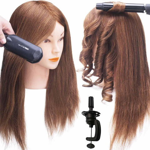 Vomella (2colors) 100% Real Hair Mannequin Head with Gifts Set and Clamp, Hairdressers' Practice Training Head and Cosmotology Doll Head for Hairstyling and Braid