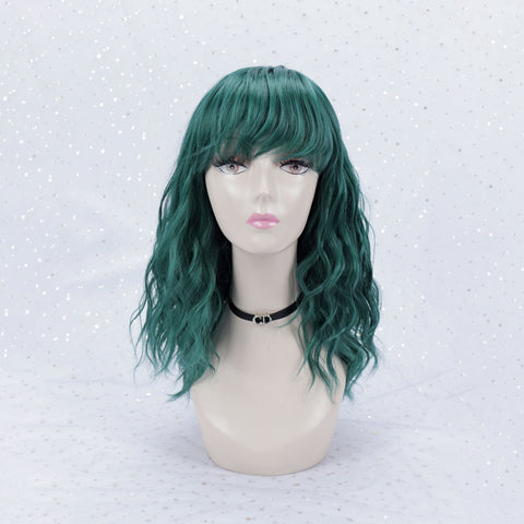 057 Dark Green Body Wave Wig with Bangs Synthetic Glueless Wigs 14"