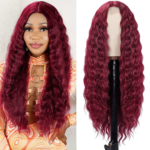 005 Vomella Deep Wave Lace Front Wigs 28" Red Synthetic Curly Hair
