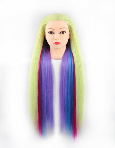 Vomella Traininghead 26"-28" Mannequin Head Hair Styling Training Head Manikin Cosmetology Doll Head Synthetic Fiber Hair Hairdressing Training Model with Clamp Stand Rainbow