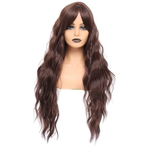 121 Vomella Hair 6# Water Wave Light Brown Wavy Wig with Bangs