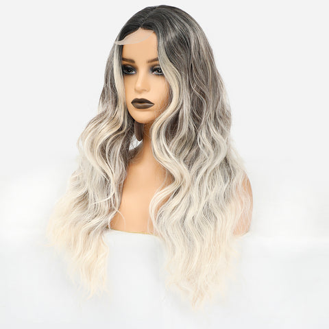 132 Vomella Synthetic Hair Long Wavy Wig Ombre Gray White Colour T Part Lace