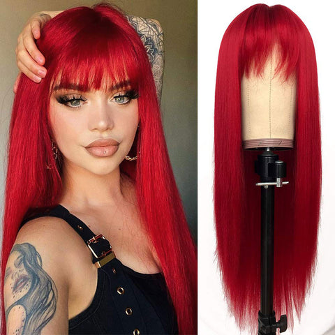 150 Vomella 22inch Red Color Long Silky Straight Wigs with Bangs Synthetic No Lace Wig for Fashion Women Heat Resistant Natural Looking Hair Wig for Party Cosplay