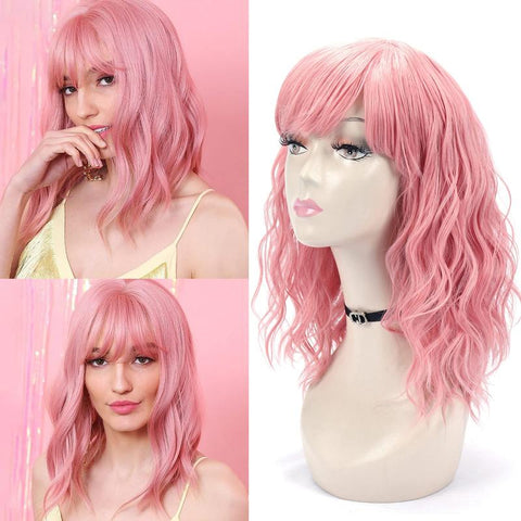 016 Vomella 14 inch Wavy Bob Wig with Bangs Color Pink for Daily Wearing