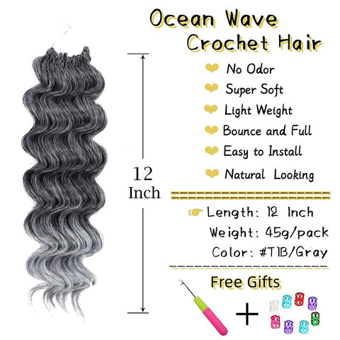 Ocean Wave Synthetic Crochet Braiding Hair 8 Packs TGray 12 Inch